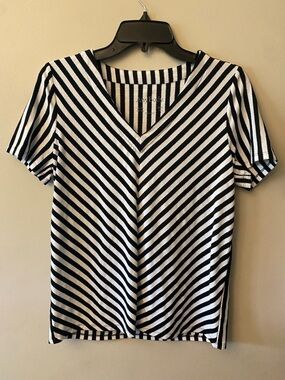 AnyBody Black & White Diagonal Stripe V-Neck Short Sleeve Top
